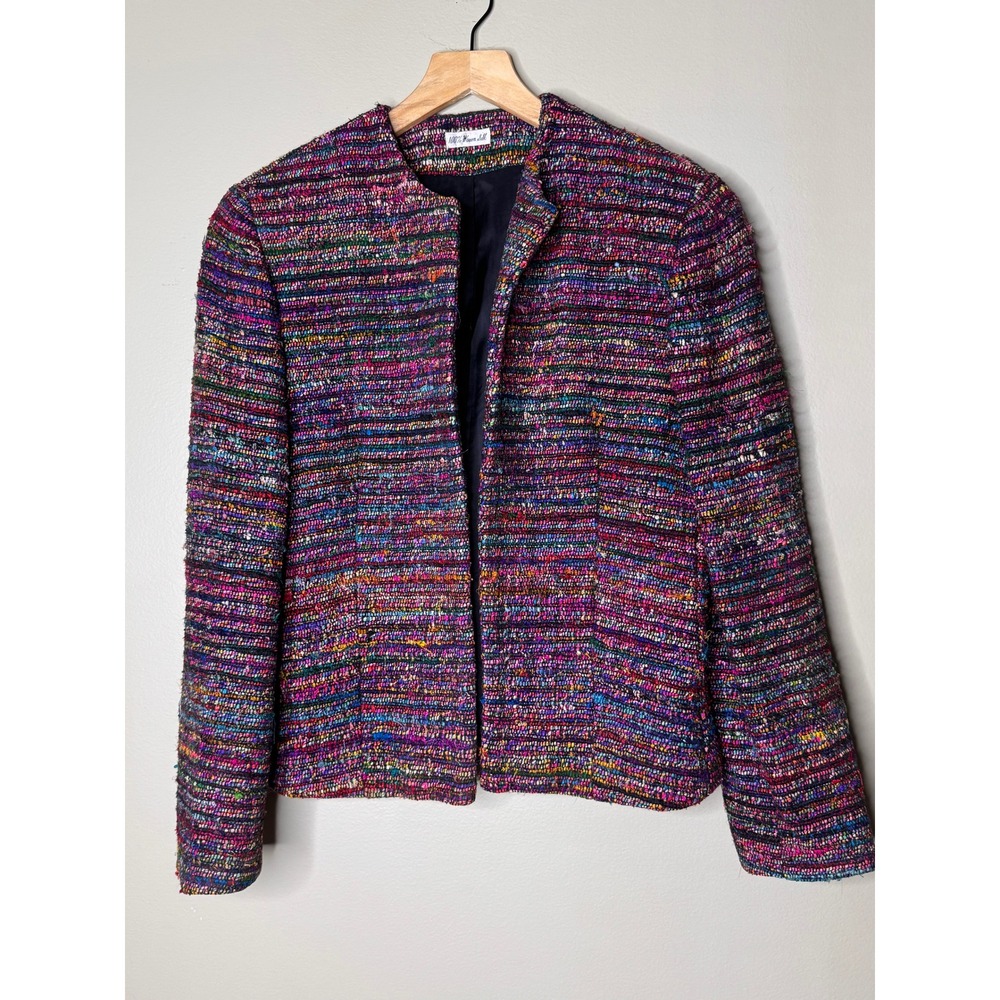 Doncaster Silks Womens 6 Multi Color 100% Woven Silk Open Front Tweed Jacket